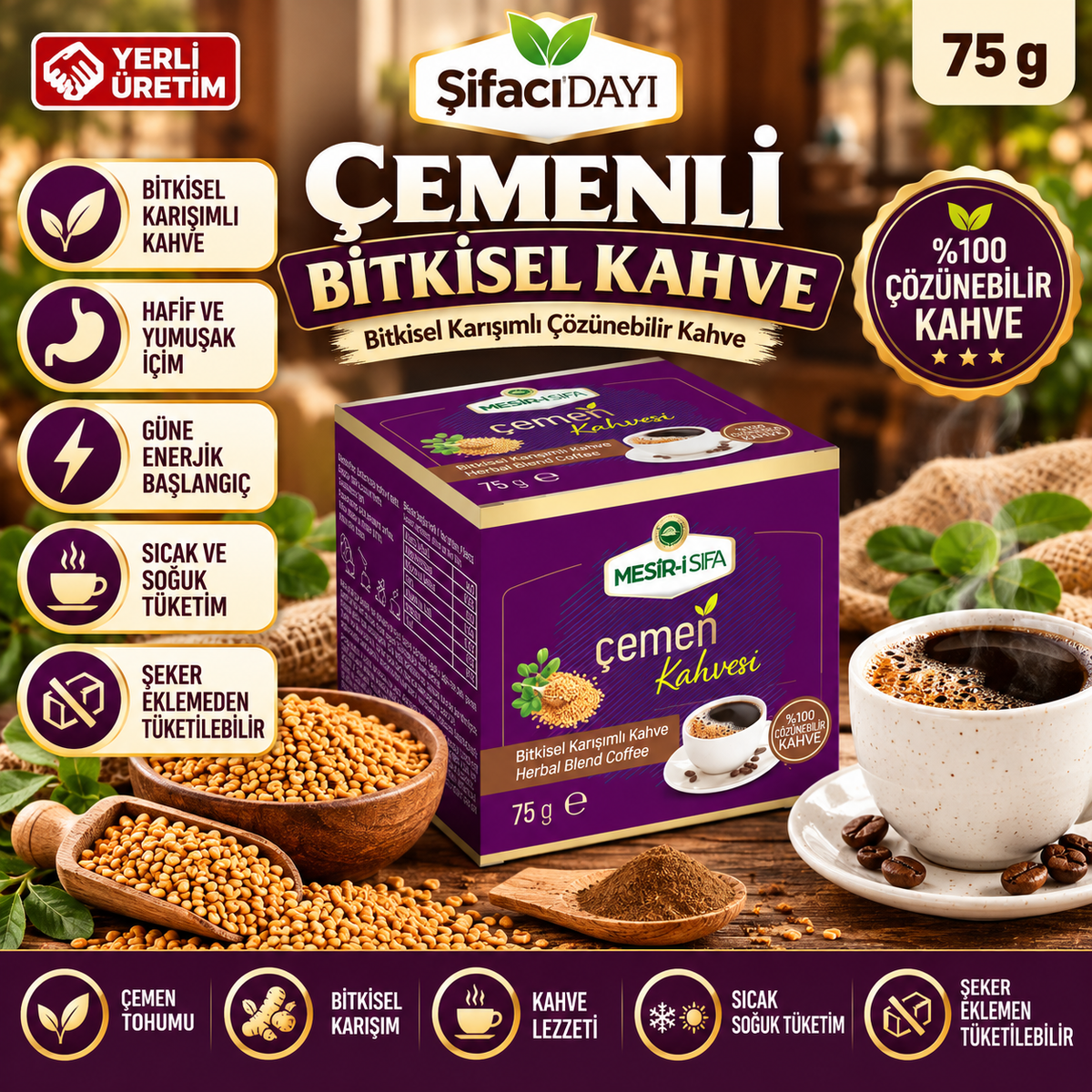 Şifacı Dayı Çemenli Bitkisel Kahve Bitkisel Karışımlı Çözünebilir Yumuşak İçim Çemen Kahvesi